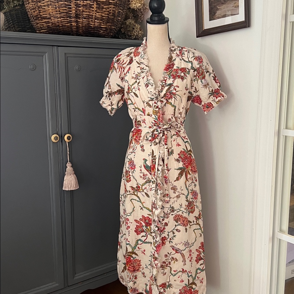 Pilcro by Anthropologie Floral Dress Beige Multi Ruffle Collar Button Lined - Picture 5 of 8